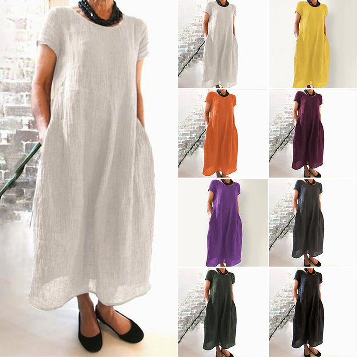 Women's casual loose solid color T-shirt dress in soft cotton, perfect for summer comfort.