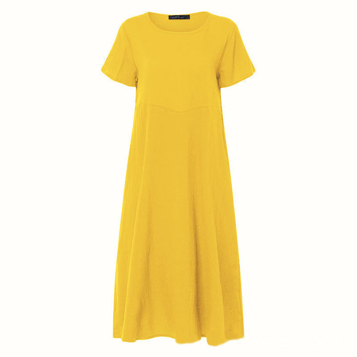 Comfortable women's everyday T-shirt dress, loose fit in a vibrant solid color, spring fashion.