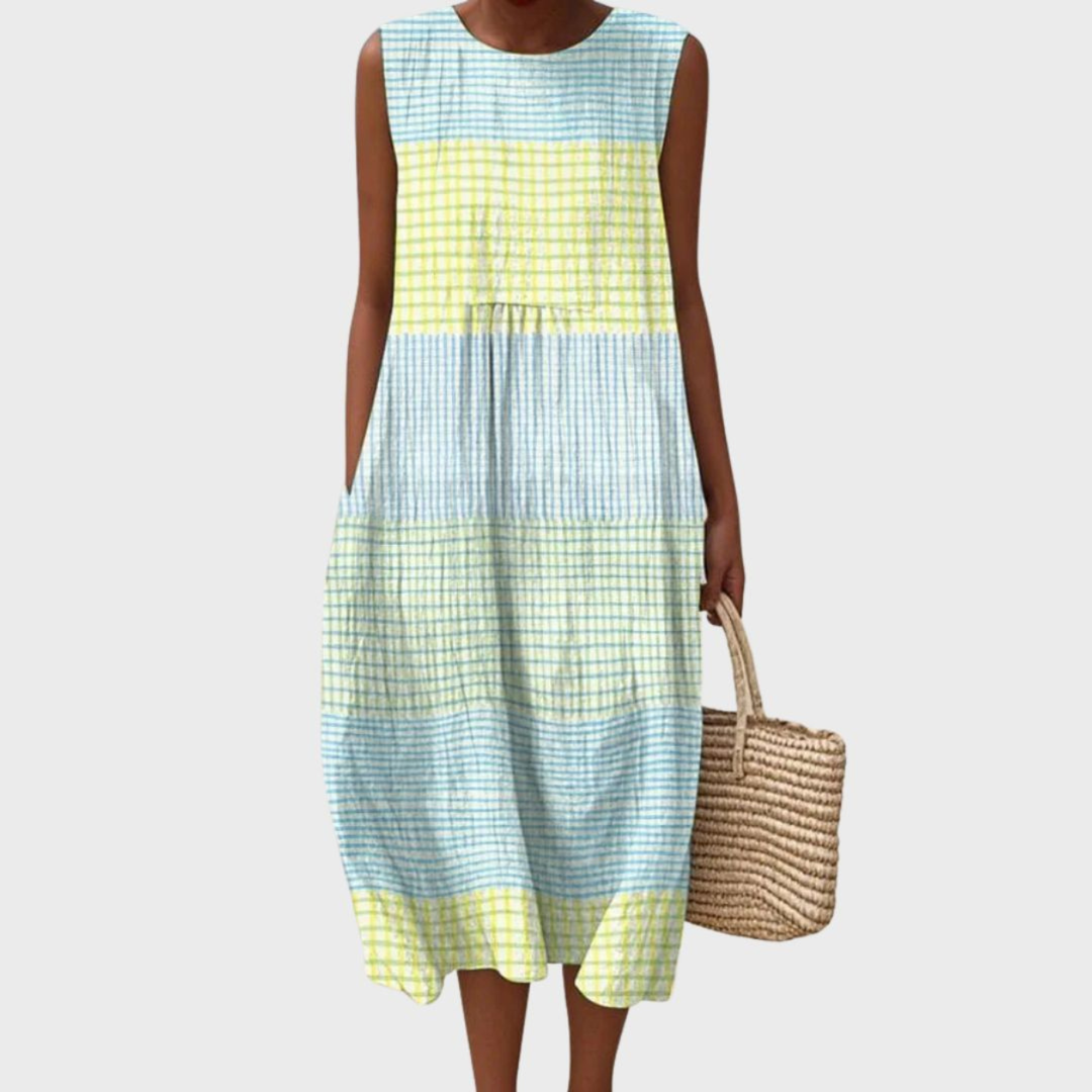 Women's casual plaid sleeveless midi dress, perfect for summer everyday wear with a comfortable tiered design.