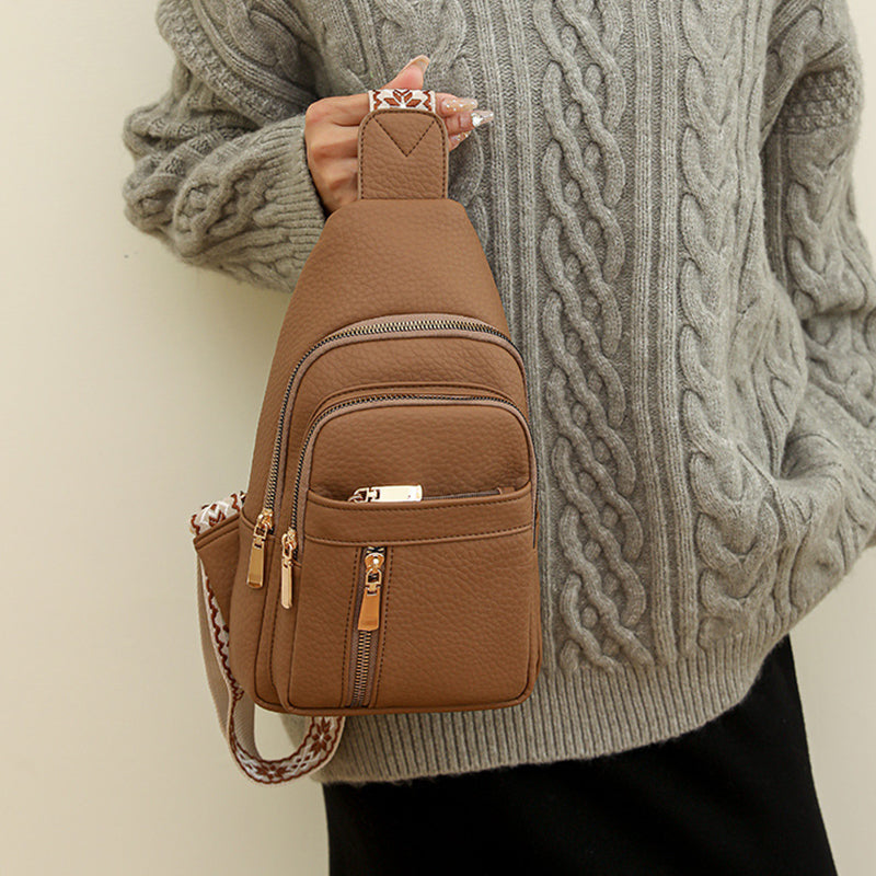 Fashionable black PU leather waist bag for women, can be worn as a chest pack