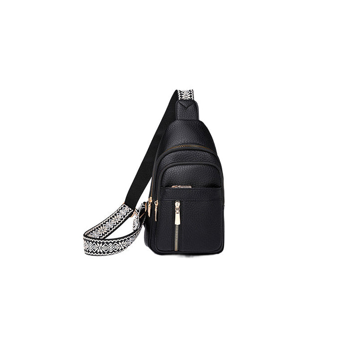 Adjustable strap detail on a women's black PU leather chest fanny pack