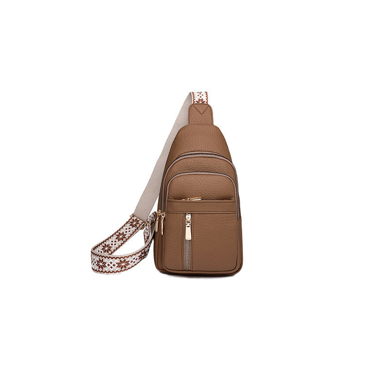 Front pocket detail of a women's casual black PU leather chest fanny pack