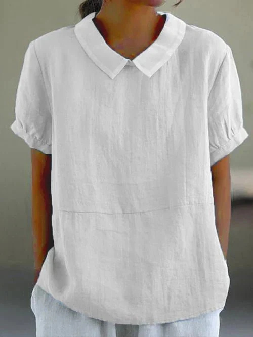 Elegant women's casual short top featuring a classic Peter Pan collar. Comfortable, versatile for spring & summer.