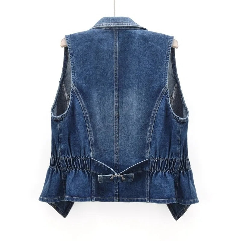 Fashionable women's denim vest with an open front and sleeveless design, ideal casual wear