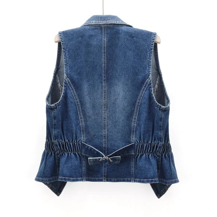 Fashionable women's denim vest with an open front and sleeveless design, ideal casual wear