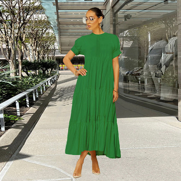 Women's casual spandex tiered midi dress in a vibrant summer color, short sleeve, loose fit
