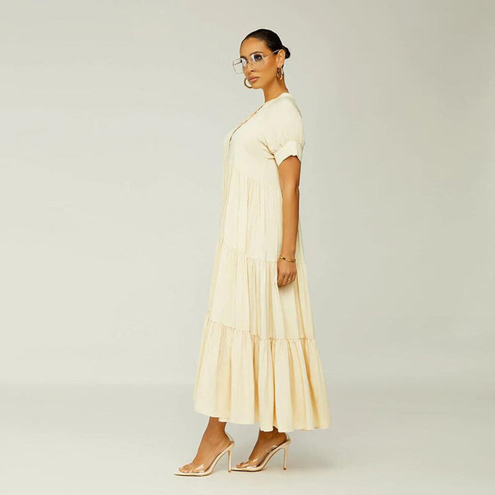 Women's everyday casual wear: a short sleeve tiered midi dress in spandex for ultimate comfort