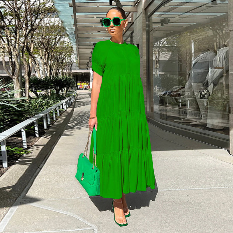 Elegant yet casual women's spandex midi dress with a flattering tiered silhouette and short sleeves
