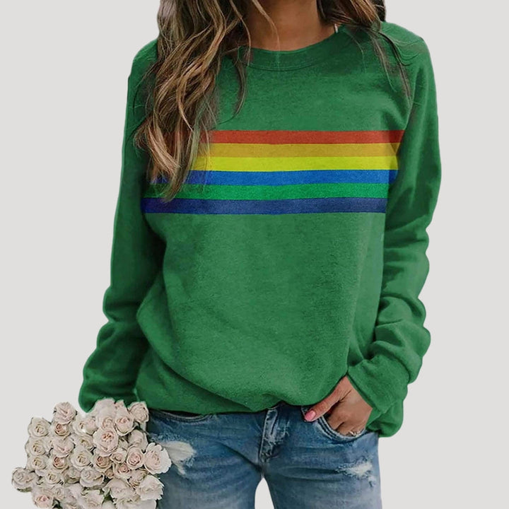 Casual women's apparel: long-sleeve rainbow stripe sweatshirt in a soft knit, great for spring