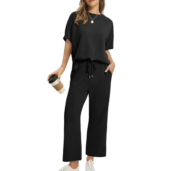 Comfortable women's rayon blend lounge set, two-piece casual wear with drawstring pants & pockets for everyday.