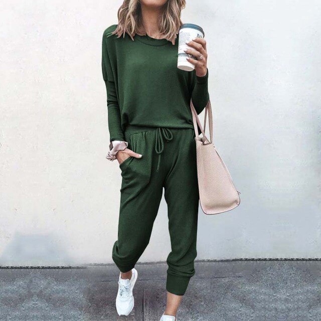 Front view of a women's matching loungewear set, designed for casual wear and relaxation.