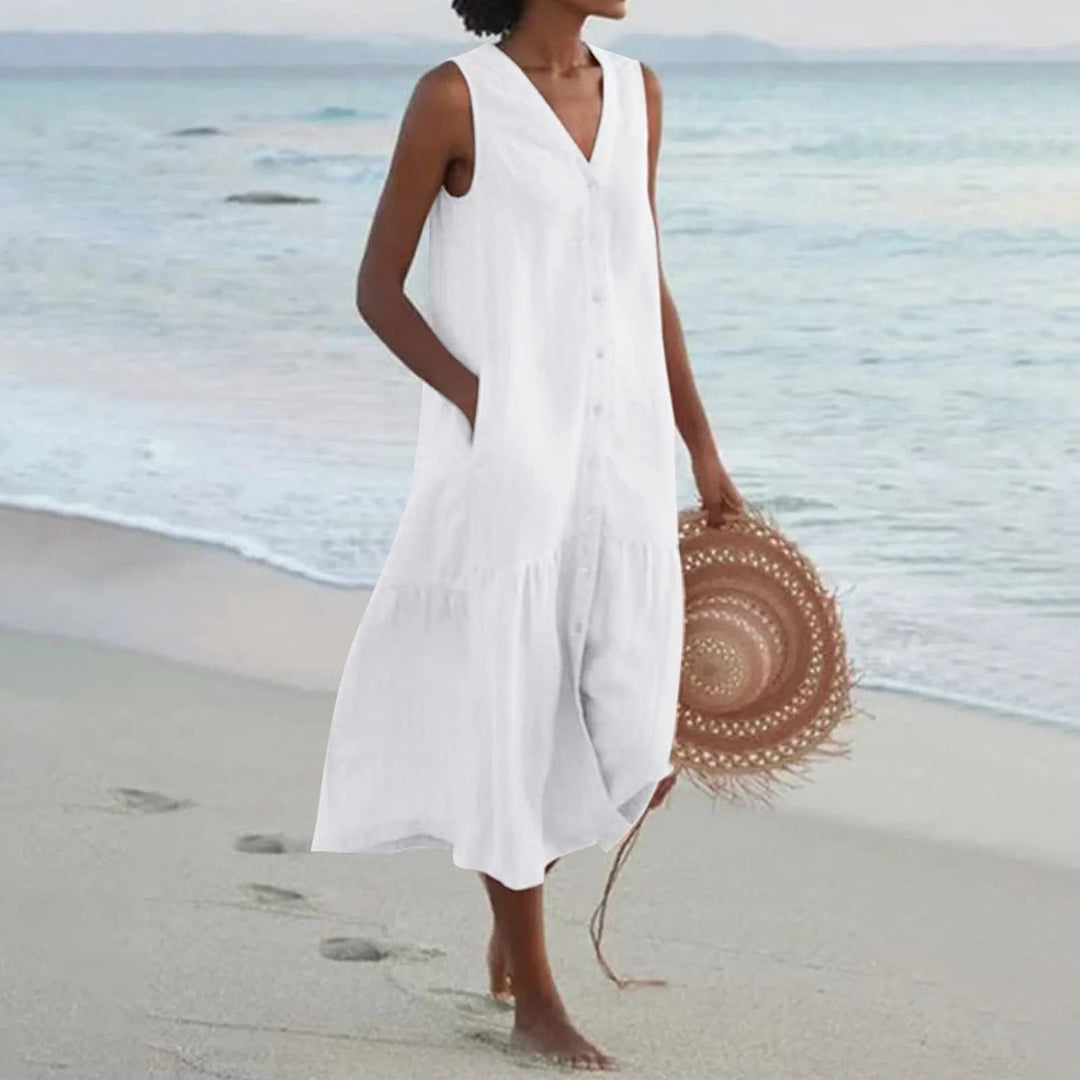 Women's casual V-neck button-front midi dress for summer, sleeveless and comfortable.
