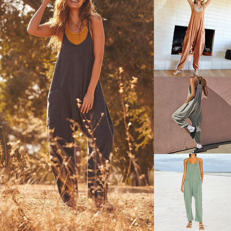 Women's casual V-neck loose fit jumpsuit with pockets, perfect for everyday wear, made of soft polyester spandex.