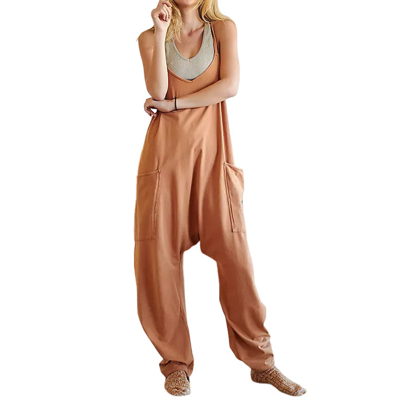 Women's polyester spandex jumpsuit, designed for ultimate comfort and casual style, with a chic V-neck.