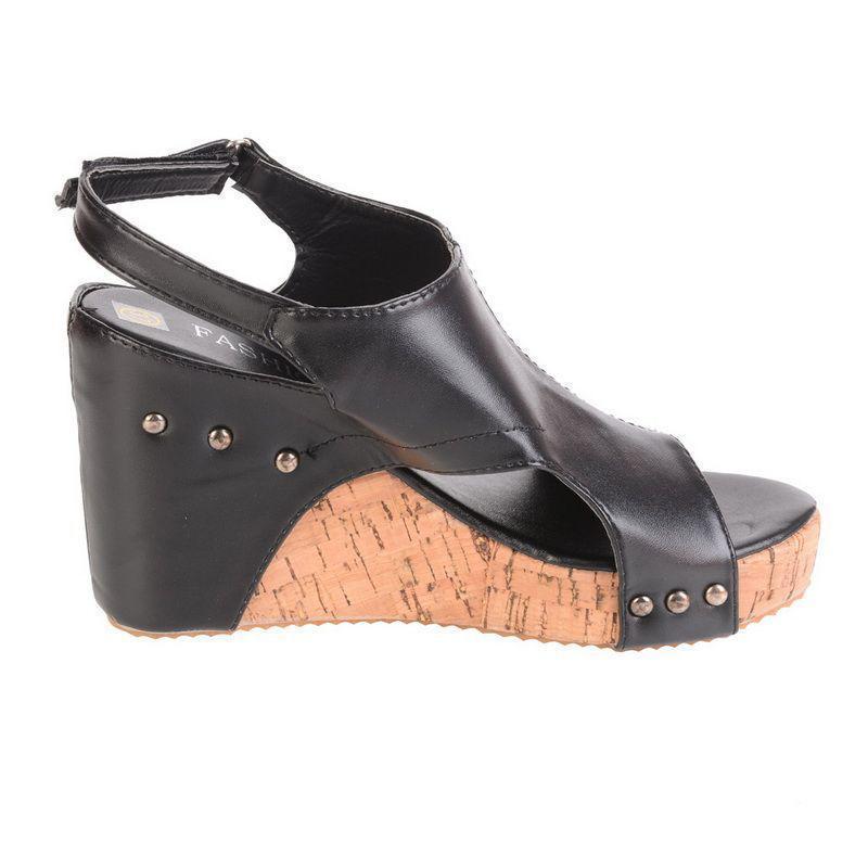 Top-down view of women's casual wedge heel sandals, showcasing strap details