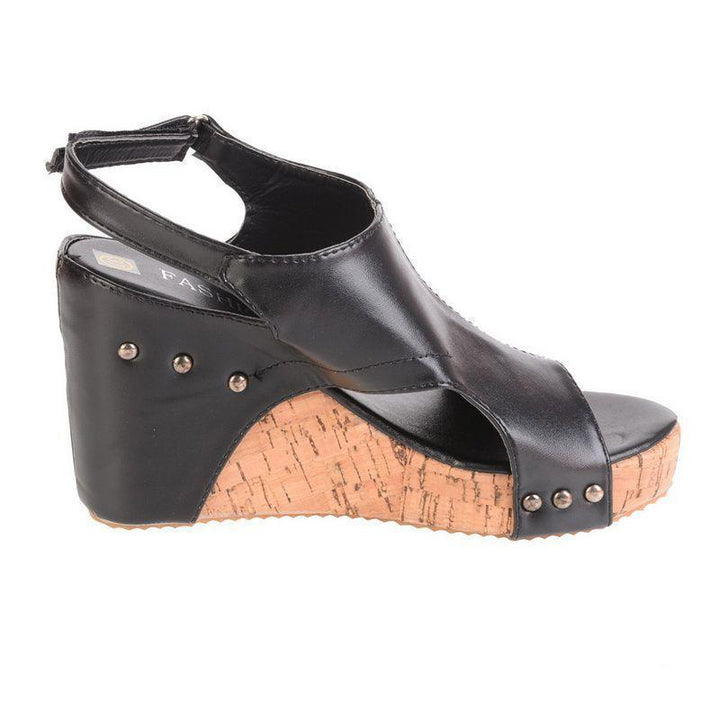 Top-down view of women's casual wedge heel sandals, showcasing strap details
