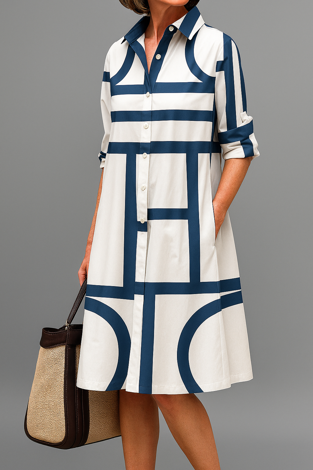 Women's casual white shirt dress, knee-length with a geometric print. Relaxed fit for effortless summer style.