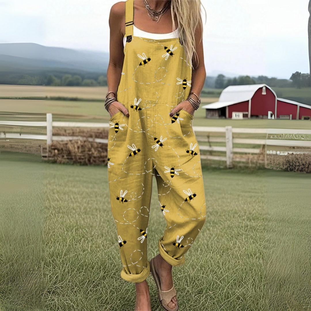 Women's casual wide-leg jumpsuit with flying bee embroidery, ankle length, and patch pockets for everyday wear.