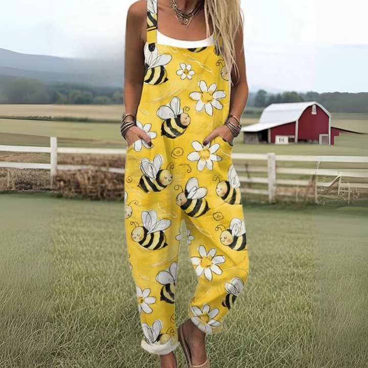 Stylish women's relaxed fit wide-leg jumpsuit featuring unique flying bee embroidery, perfect for casual fashion.