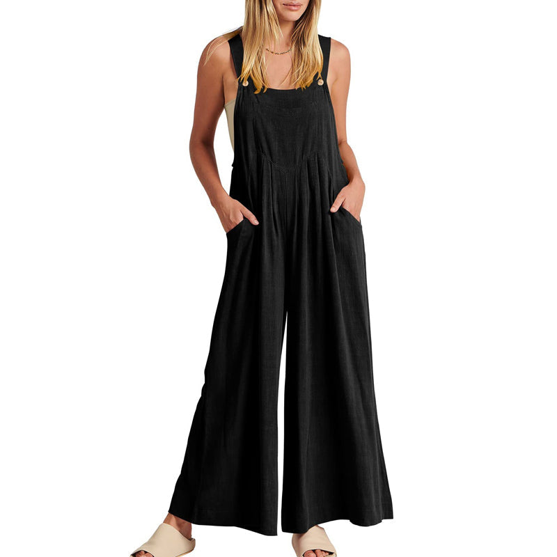 Polyester wide leg sleeveless jumpsuit for women in black, suitable for casual outings.