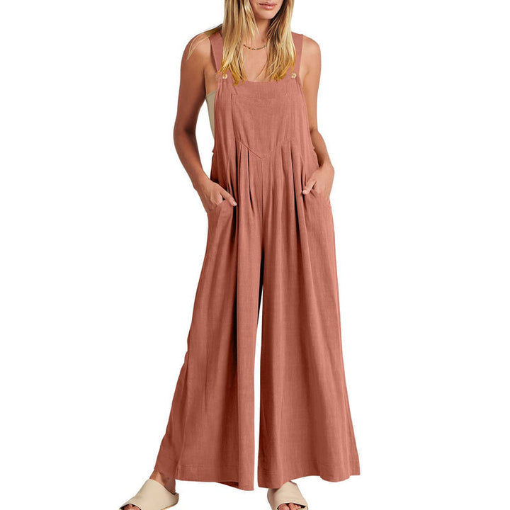 Sleeveless polyester jumpsuit for women, black, with a trendy wide leg design.