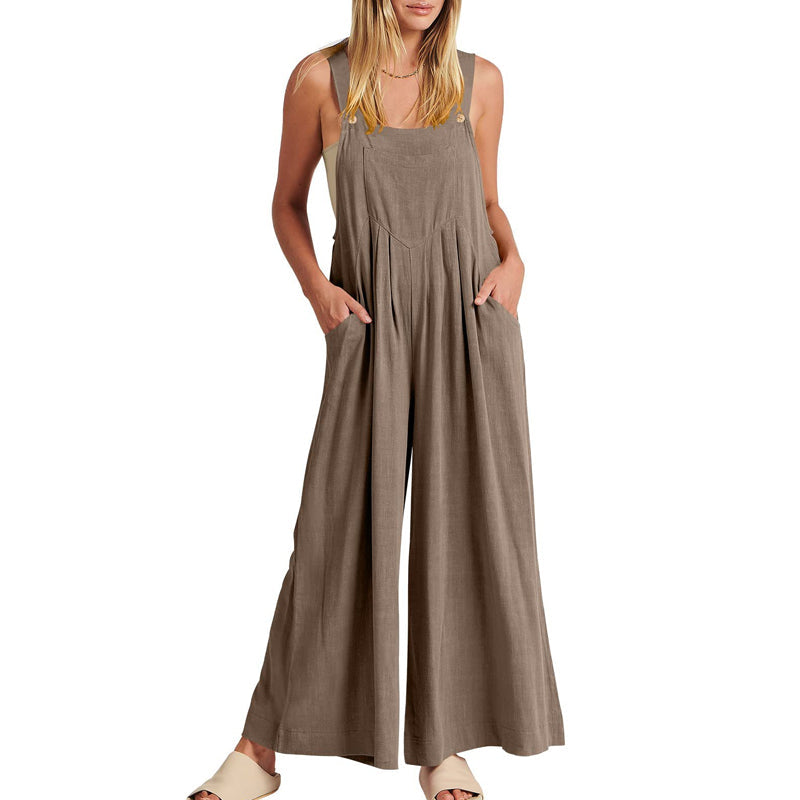Stylish women's one-piece black jumpsuit, sleeveless with a comfortable wide leg.