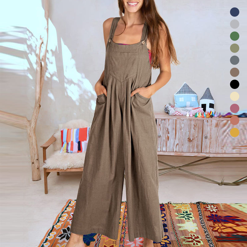 Fashionable women's sleeveless jumpsuit, black polyester with wide leg silhouette.
