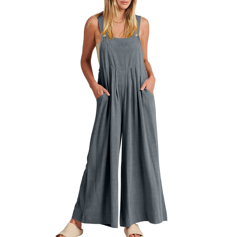 Versatile black polyester wide leg sleeveless jumpsuit for women, suitable everyday wear.
