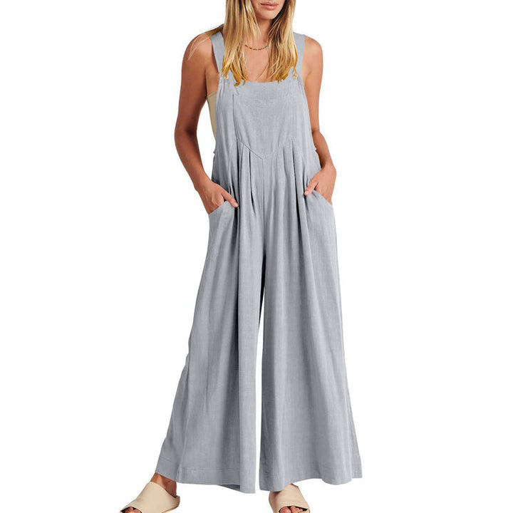 Black sleeveless wide leg jumpsuit for women, comfortable polyester casual wear.