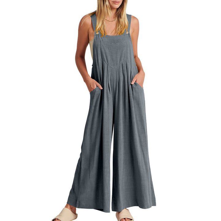 Elegant black polyester jumpsuit for women, sleeveless and wide-legged, casual style.