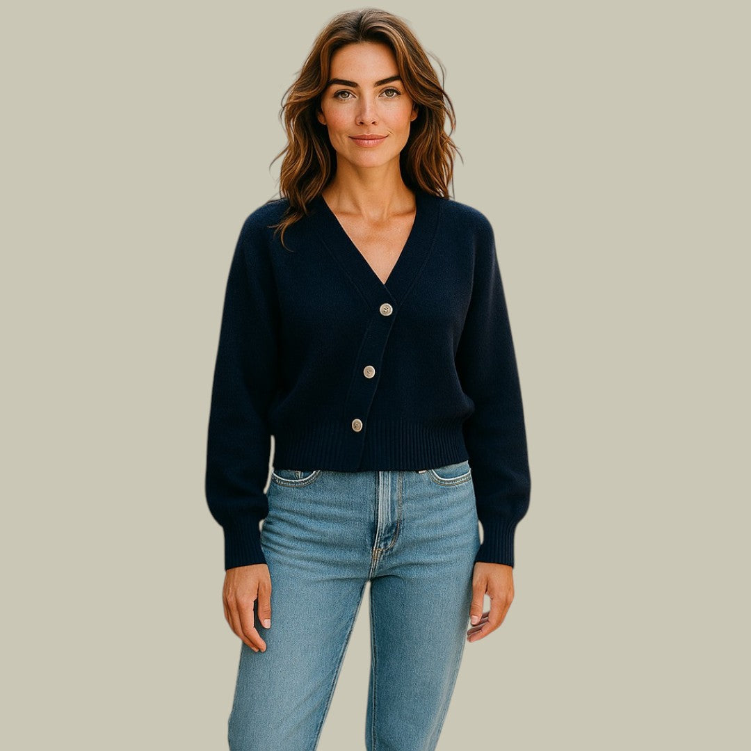 Women's charcoal merino wool blend sweater, v-neck with cross button detail, perfect for winter casual outfits.
