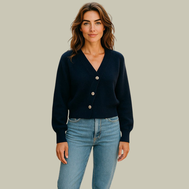 Women's charcoal merino wool blend sweater, v-neck with cross button detail, perfect for winter casual outfits.
