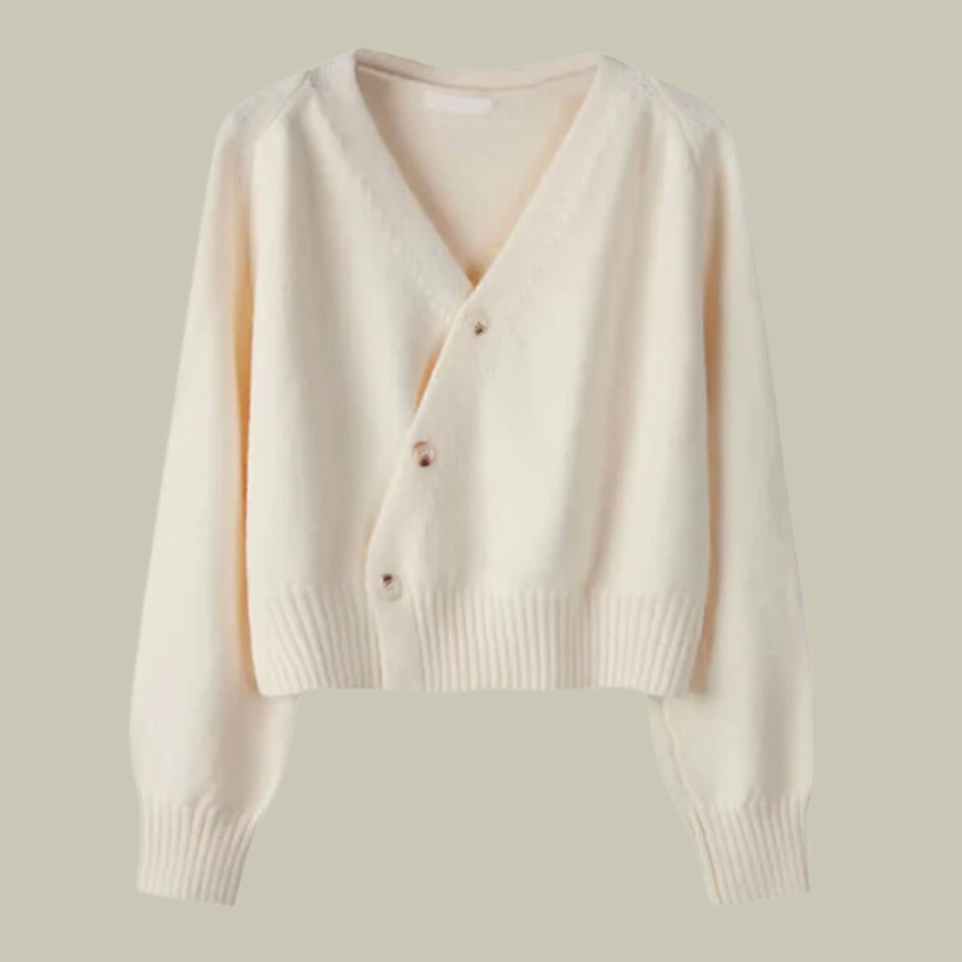 Comfortable women's black merino wool blend knit sweater, featuring a chic cross button v-neck.