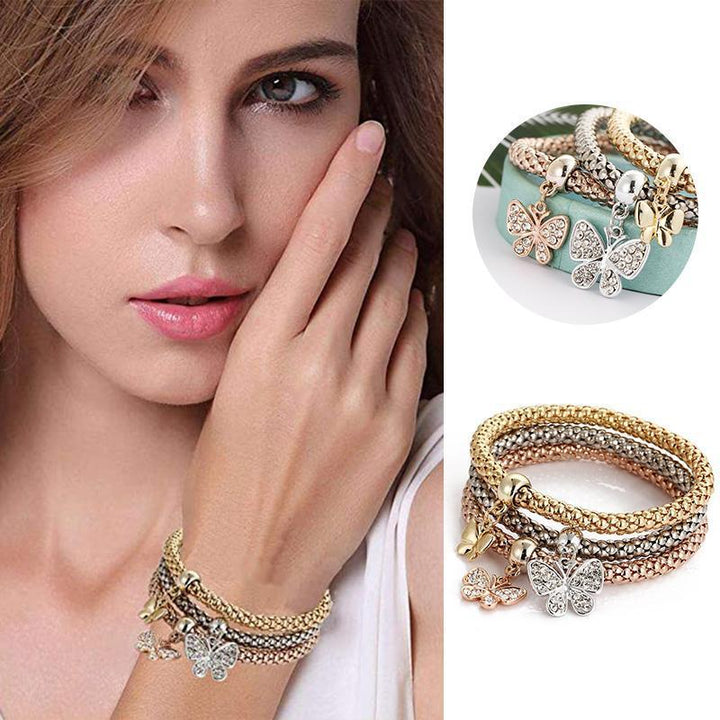 Women's Charm Rhinestone Popcorn Bracelet Set, adjustable with crystal accents, perfect for gifting