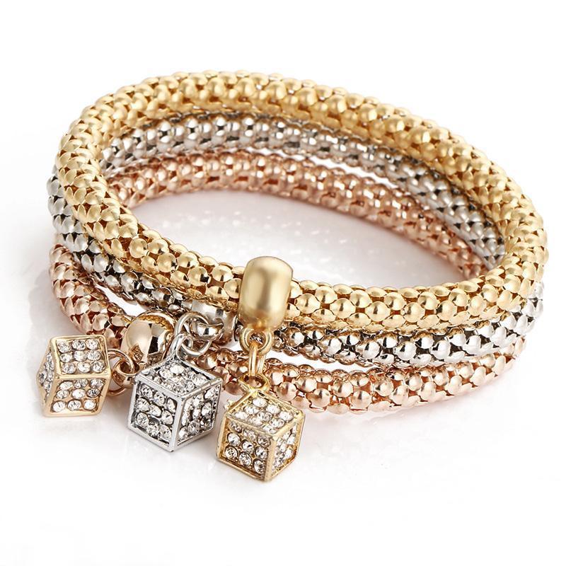 Crystal-enhanced women's charm bracelet set with a distinctive popcorn chain, fashionable and chic