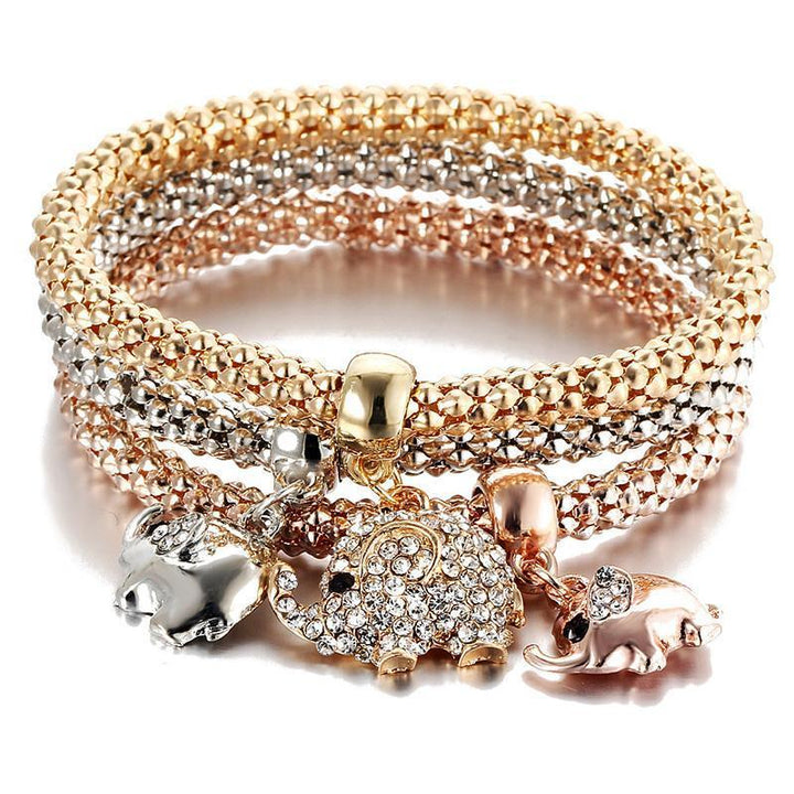 Complete women's jewelry gift set: multi-strand rhinestone charm bracelets on popcorn chains