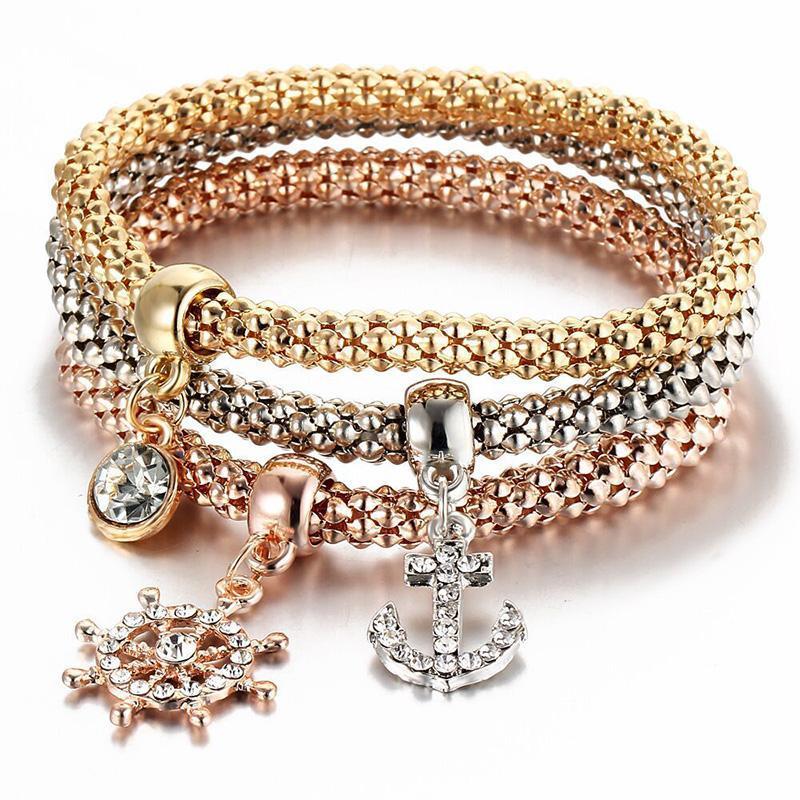 Fashionable women's popcorn chain bracelet set with crystal details, a perfect jewelry gift for her