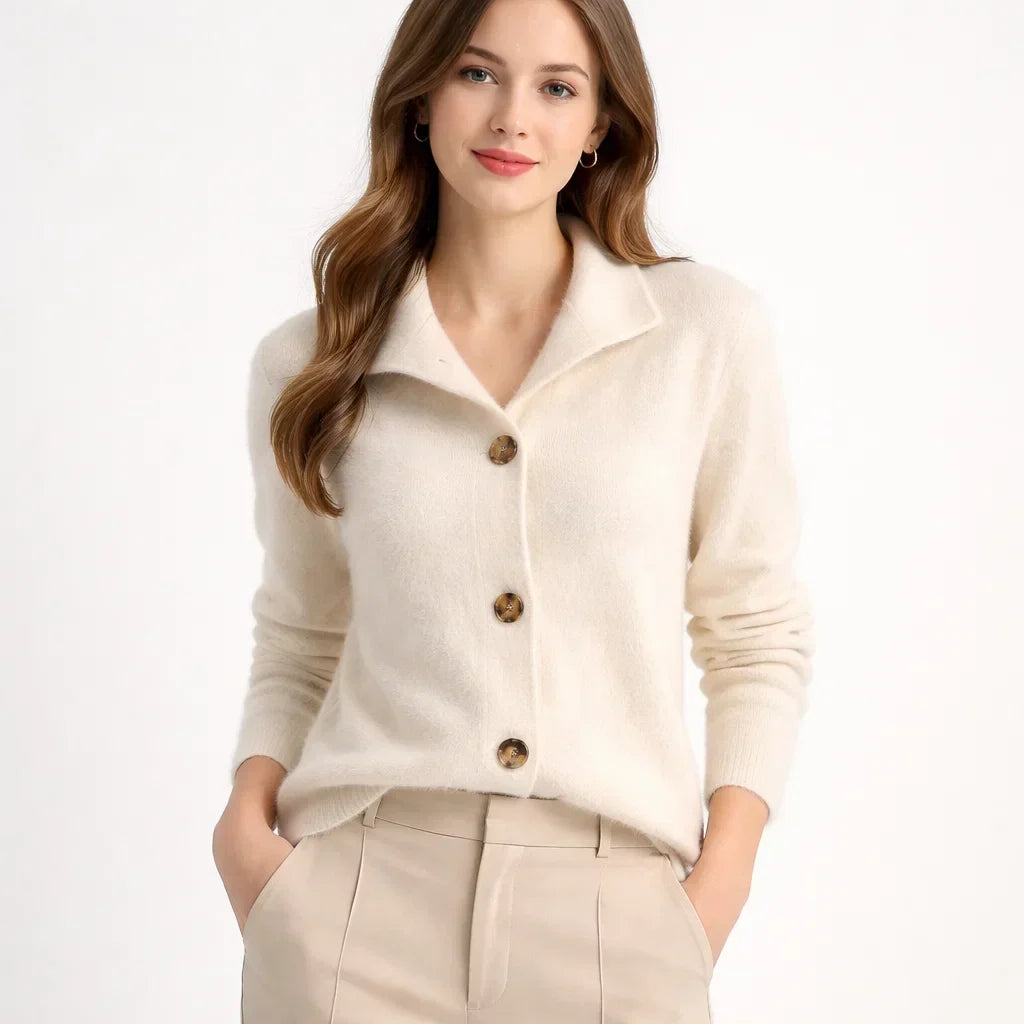 Stylish women's asymmetrical button cardigan in soft knit for a chic fall/winter look.