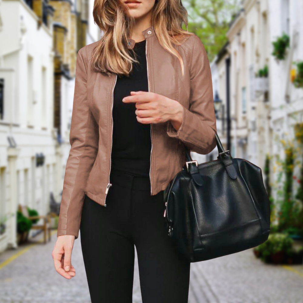 Stylish women's zippered faux leather motorcycle jacket, perfect for a casual yet elegant look