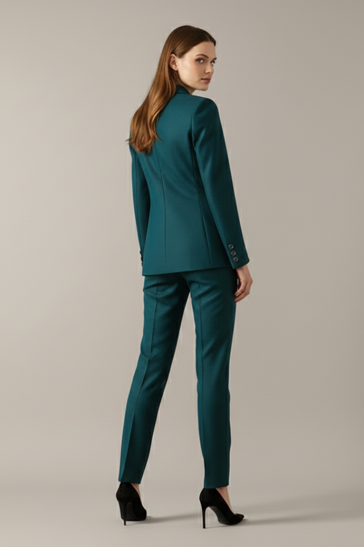Stylish matching blazer & straight trousers set for women. Modern, elegant formal & office wear, business attire.
