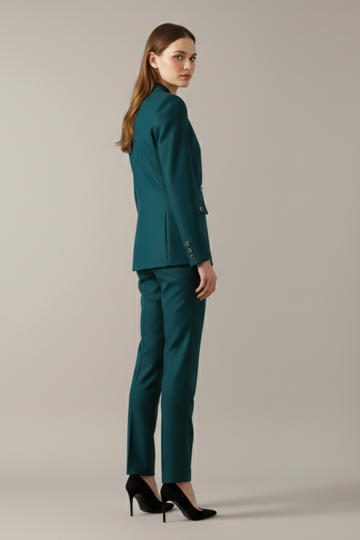 Women's modern business attire: one-button blazer & straight trousers set. Professional, elegant office wear.