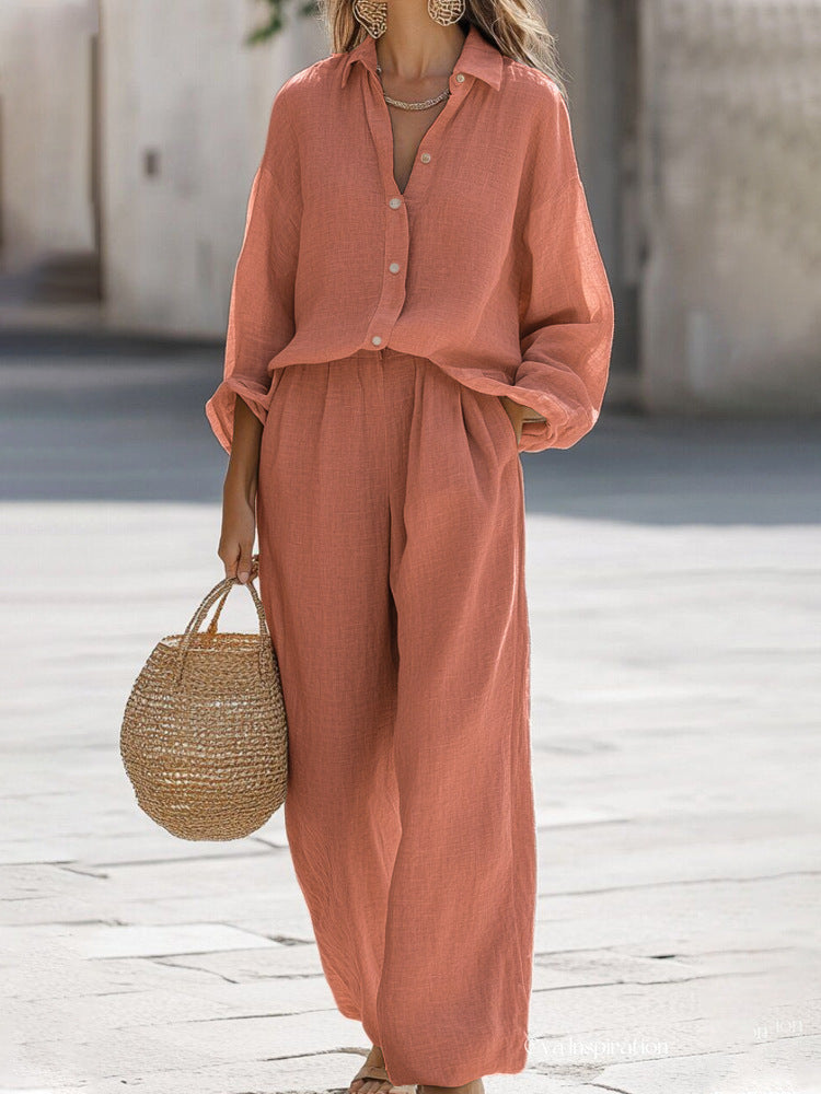 Women's chic blouse & pant two-piece set for summer. Perfect casual chic vacation wear.