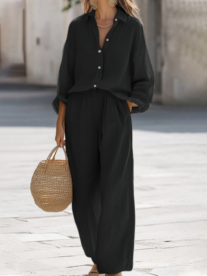 Women's two-piece blouse & pant set, essential summer style vacation wear and travel outfit.