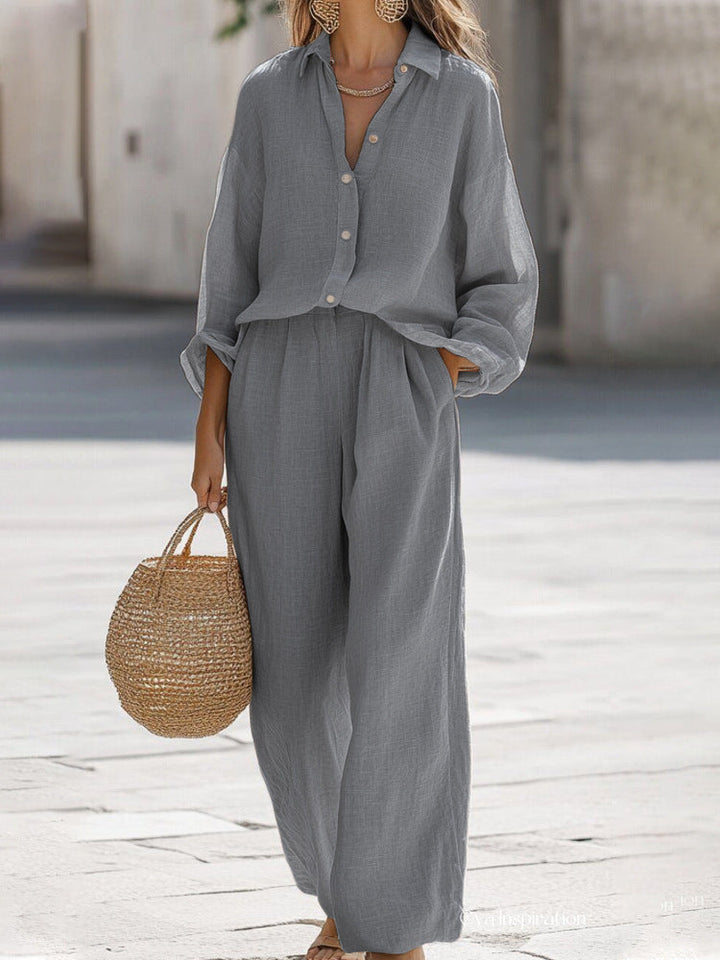 Comfortable fashion women's blouse and pant two-piece set, relaxed fit for vacation.