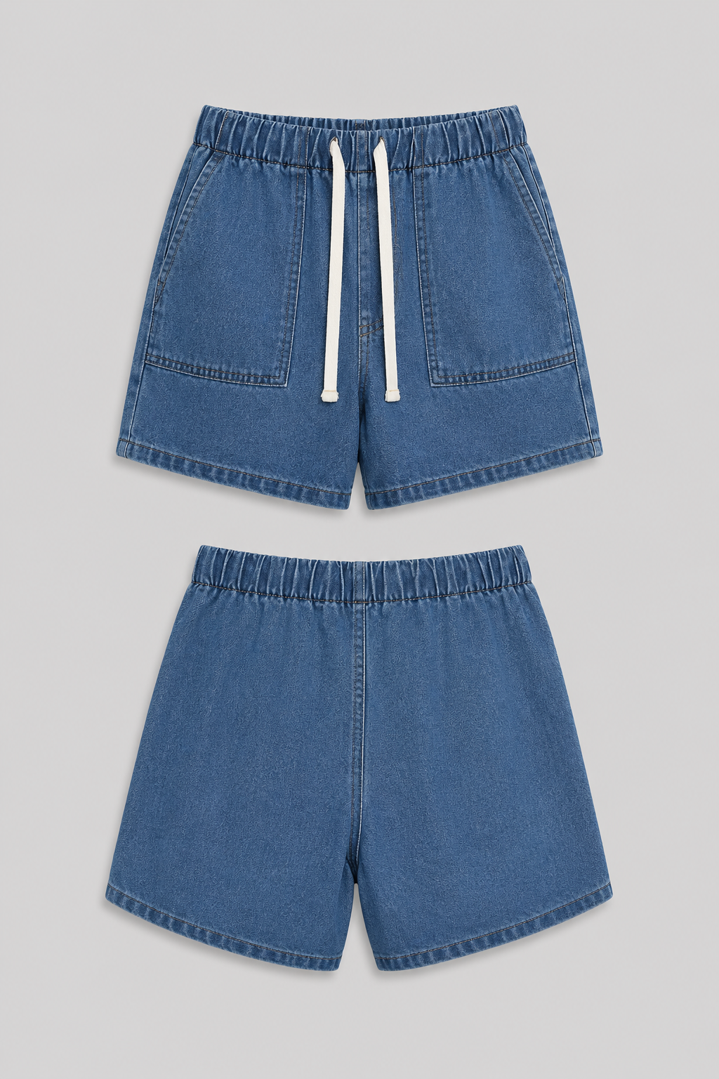Woman wearing a stylish blue denim short set, featuring a jacket & shorts, perfect for summer fashion.