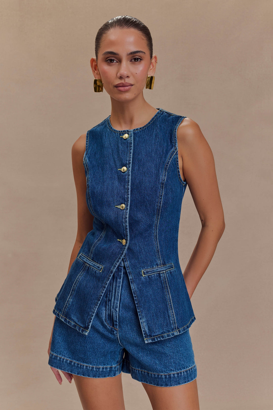 Women's chic blue denim two-piece set, perfect for comfortable, trendy casual wear.
