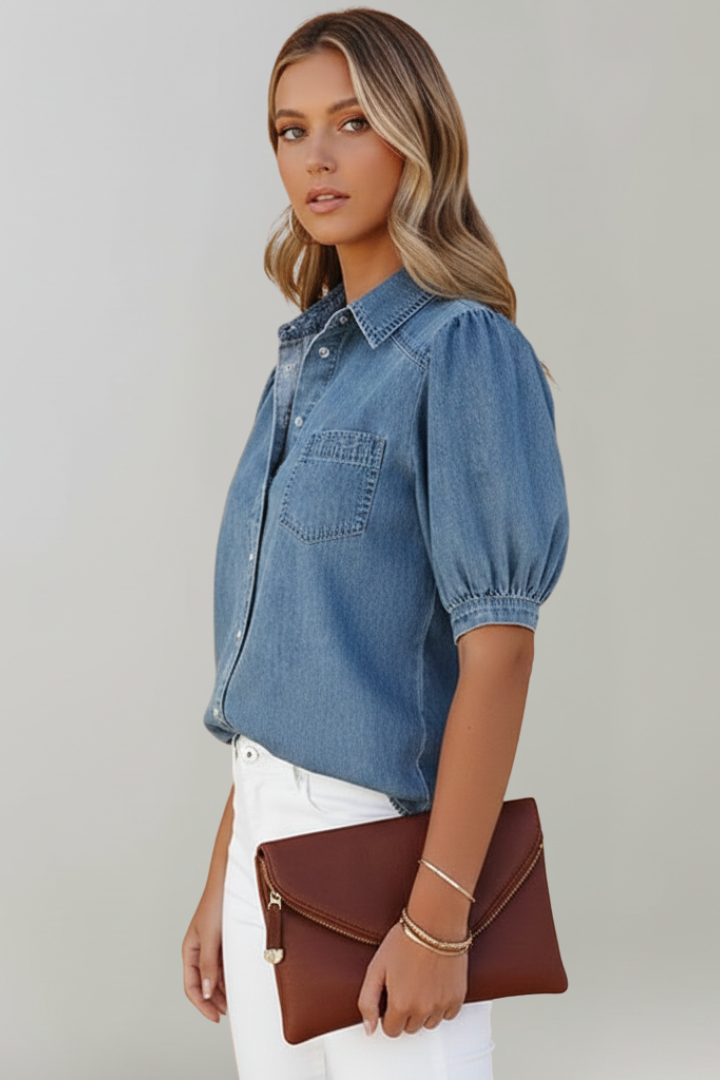 Stylish women's top: blue long sleeve puff sleeve shirt, perfect for a chic and modern look.
