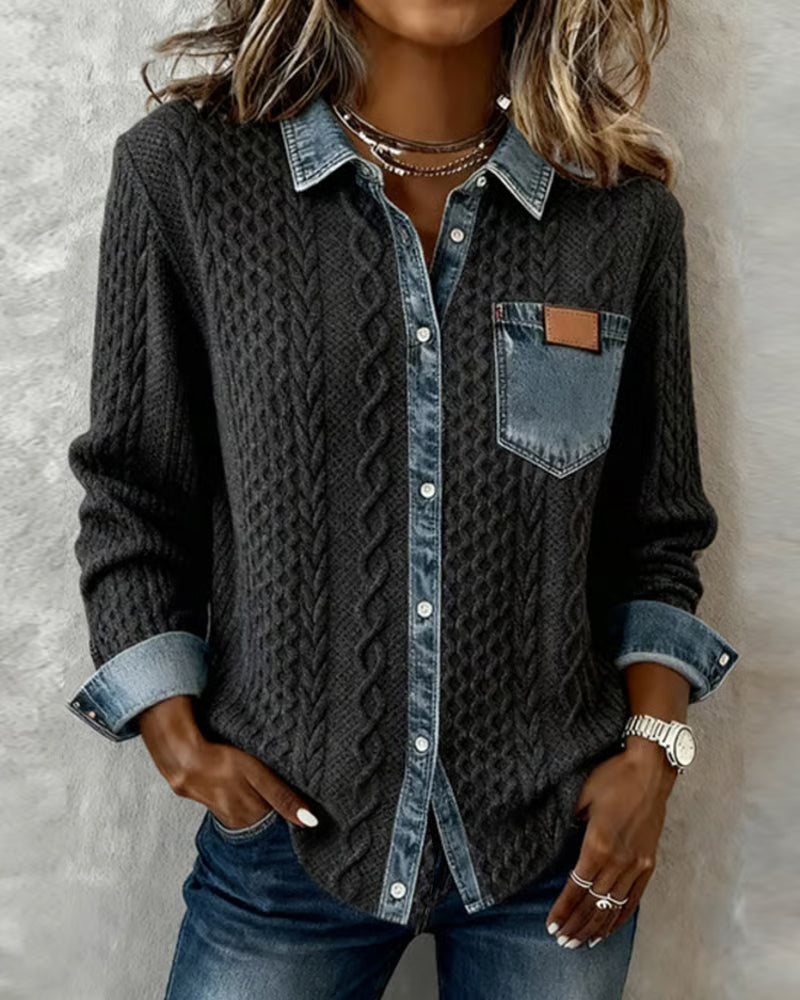 Women's chic cable pattern button front blouse, long sleeve, versatile style.