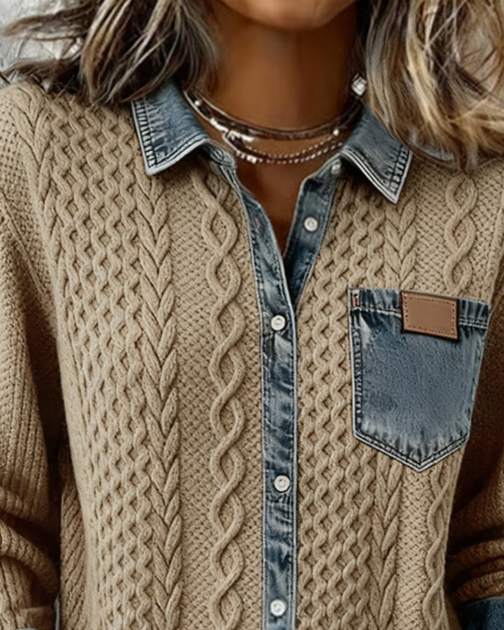 Dark blue women's elegant long sleeve cable pattern collared blouse, textured top.