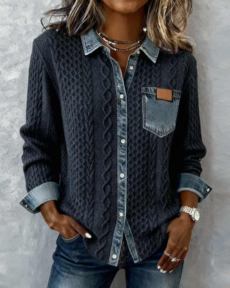 Khaki long sleeve button front blouse with textured cable pattern, versatile women's top.